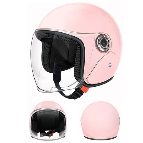 Casco de scooter de cara abierta rosa con visera y lente antivaho