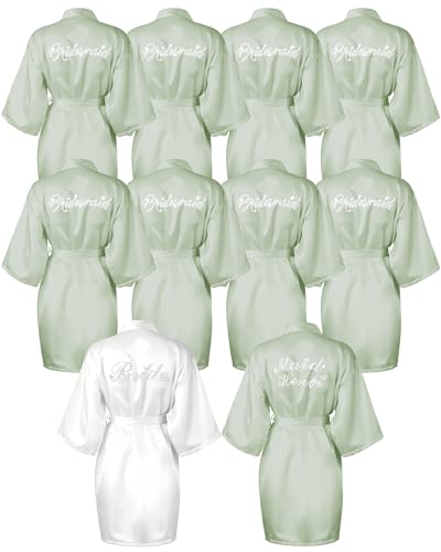 Jecery 10 Pcs Bride Bridesmaid Robes Kimono Rhinestones Short Satin Robes for Women Wedding Party
