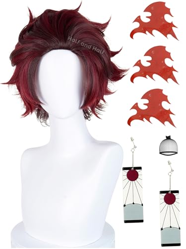 Image of Half and Half Tanjiro Cosplay Wig Short Wine Red Black Tanjiro Kamado Costume Wigs + Scar Stikers +Earrings Magenta Gradient Wigs for Female Men Unisex Halloween Party Daily