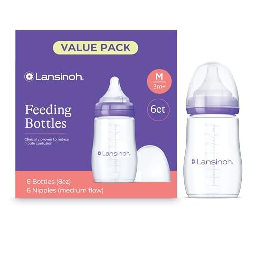 Lansinoh Baby Bottles for Breastfeeding Babies, 8 Ounces, 6 Count, Includes 6 Medium Flow Nipples (Size 3M)