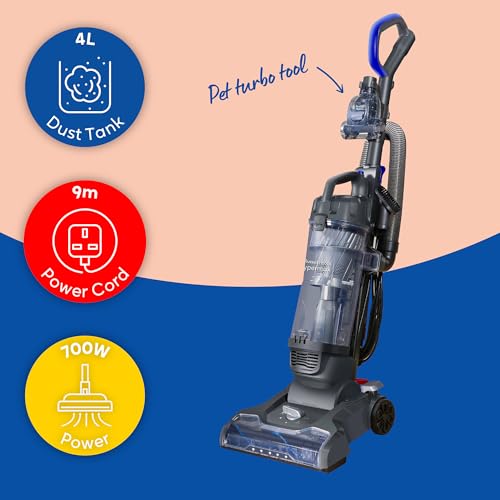 Russell Hobbs Upright Vacuum Cleaner Hypermax Multi-Surface Compatibility, Multi-Cyclonic Filtration, Grey & Blue Vacuum, Lightweight, 4L Dust Tank & 9m Power Cord RHUV7001
