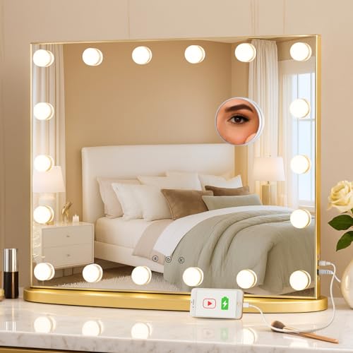LUXFURNI Hollywood Vanity Mirror with Lights, 60L x 52W cm Light Up Makeup Mirror with 18 LED Bulbs for Bedroom, 3 Color Lighting Modes, Tabletop & Wall Mount, USB Charging Port