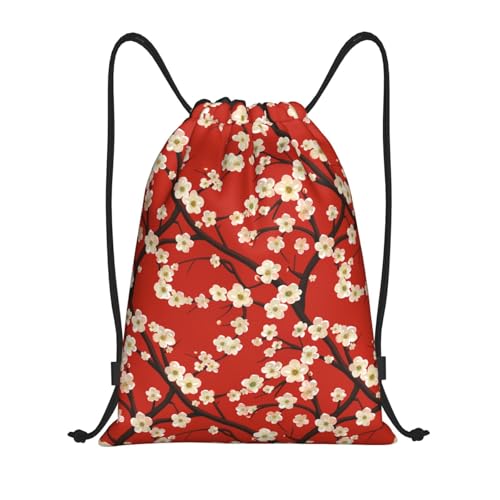 White Cherry Blossom Pattern Drawstring Backpack for Women Men Lightweight Sports Gym Sackpack Cinch Bag Water Resistant Draw String Bags for Hiking Yoga Swimming Travel Beach