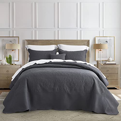 Image of CHIXIN Bedspread Coverlet Quilt Set Full Size - Lightweight Bedding Cover - Ultrasonic Quilting - 5 Piece Reversible Bedspread - Vintage Rose Pattern (Full, Dark Grey)