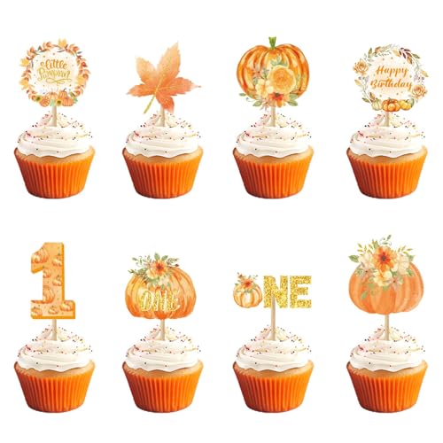 Weecent 48 Pcs Pumpkin One Cupcake Toppers Pumpkin Baby shower Decorations 1st Birthday Cake Toppers for Fall Theme Thanksgiving First Birthday Party Cake Decorations Supplies
