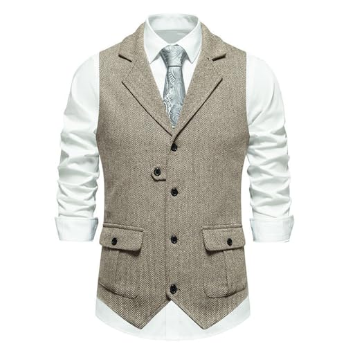 PANVER Anzug Weste Herren Regular Fit Business Casual Mit Taschen Übergangsjacke Hochzeit Bankett Klassisch Einfarbig Ärmellos Jacke G-Khaki M