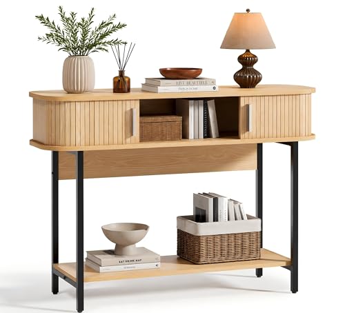 ECOTINY Fluted Console Table with Sliding Doors, 39.4' Narrow Entryway Table with Storage Shelf, Mid Century Modern Sofa Table Behind Couch, Rounded Corner Foyer Table for Hallway Living Room, Natural