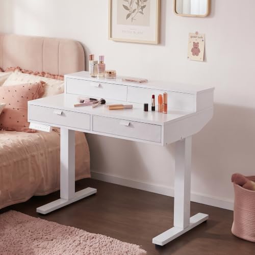 Image of HUANUO 32-Inch Electric Height Adjustable Vanity Desk with 4 Drawers | 4 Memory Heights; 28.3-46.5 in Range; Quiet Lift under 50 dB; Multi-Drawer Storage; Sit-Stand Makeup, Work & Study Desk