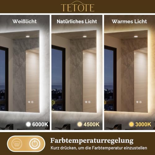 TETOTE Badspiegel mit Beleuchtung 50x70cm, Rechteckiger Badezimmerspiegel, Badezimmer Wandspiegel Ohne Rahmen… – Ansicht 3