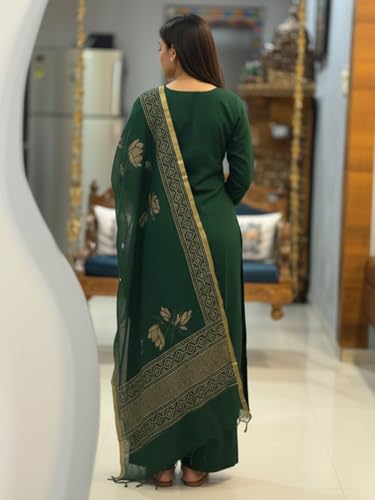 Image of ANNI Designer Women's Rayon Viscose Straight fit Printed Embroidered Kurta with Pant & Dupatta | Ethnic Kurta Set for Women | Daily, Office & Festive Traditional