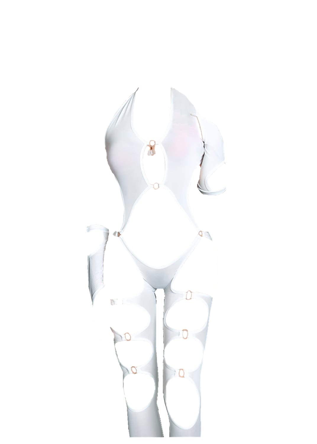 OlefuWomen's Front Zipper Stripe Vertical Cut Out Bodysuit Catsuit Lingerie Set, One Size