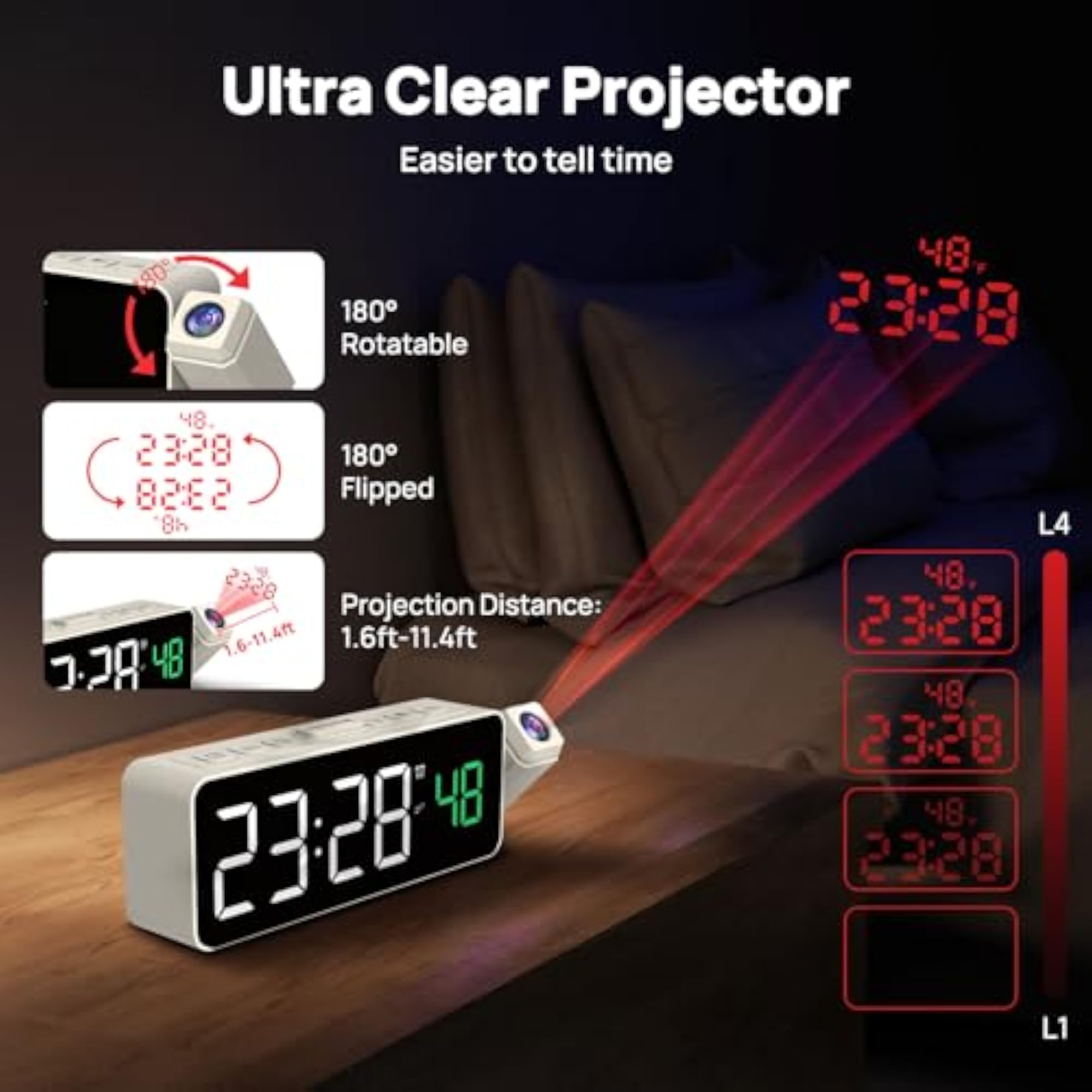 Projection Alarm Clock with Rotatable Projector