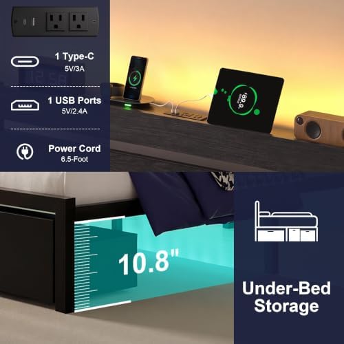 XKLOGER Queen Bed Frame with Drawers, Platform Bed with LED Lights & Charging Station, Wood Headboard, Strong Metal Slats Support, No Box Spring Needed, Noise Free, Easy Assembly - 5