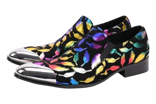 Santimon Mens Loafers Pointed Toe Leather Fashion Printed Metal Tip Western Dress Shoes