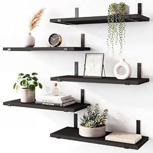 Fixwal Floating Shelves for Wall, Wood, Set of 5, Width 4.75 Inches, Black