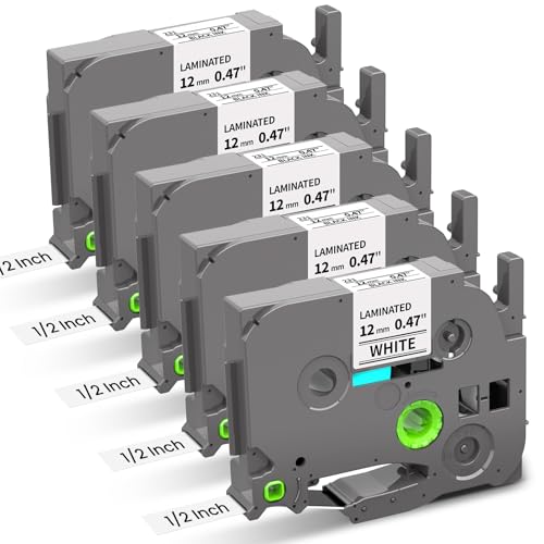 Replace for Brother Label Maker Tape TZe TZ 12mm 0.47 Laminated White Tape TZe-231 Compatible with P-Touch 1-2 Black on White TZE231 for PT-D220 D210 H110 D200 D400 1280 D610BT Ptouch Refills, 5-Pack