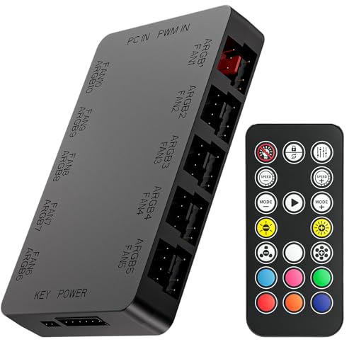 GSCOLER 10-Port ARGB & PWM Fan Hub Controller - Magnetic Mount 5V/3PIN RGB PC Fan Hub with Wireless Remote, Chassis Key Control & SATA Power - Support 10 PWM Case Fans Splitter & ARGB Lighting Devices