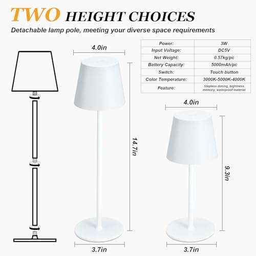 Image of Kakanuo Cordless Table Lamp Rechargeable White - KK 2 Pack 5000mAH Battery Operated Lamp for Table, 3 Color Stepless Dimming Wireless Lamp for Kitchen Counter, Outdoor Patio, Touch Control