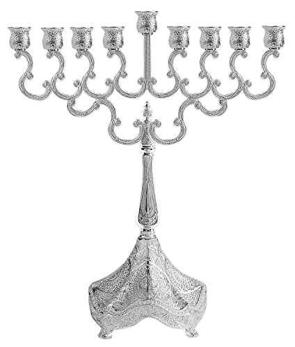 Ner Mitzvah Silver Plated Candle Menorah - Fits All Standard Hanukkah Candles - Curved Branches - Embossed Design - 8” High x 6.5” Wide