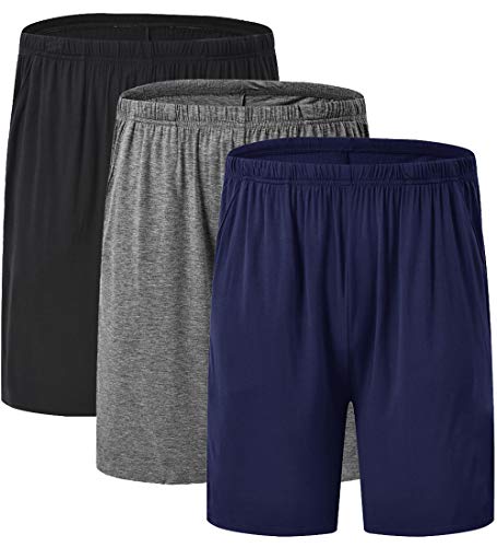 JINSHI Mens Pajama Bottoms Stretch Boxer Sleeping Shorts Lounge Wear Soft Modal Shorts with Pockets, 3 Pack, Black-Deep Gray-Navy, Size L