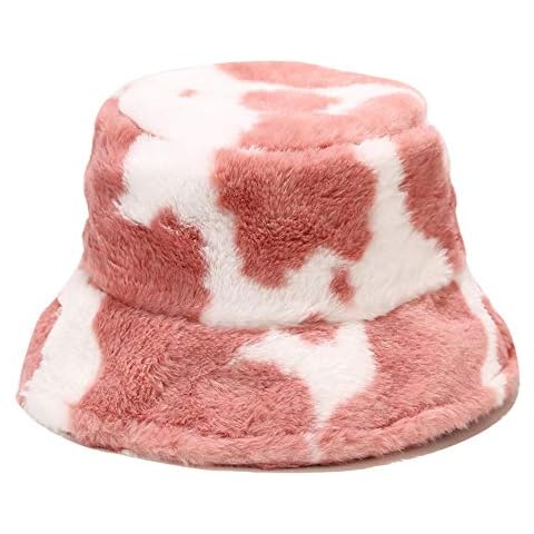Umeepar Winter Faux Fur Fuzzy Bucket Hat Fluffy Warm Hat for Women Men (Cow Print Pink) Cover