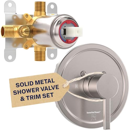 HammerHead Showers Solid Metal Single-Handle Trim Kit with Rough-In Shower Valve, Volume and Temperature Control, Pressure Balance, Brushed Nickel