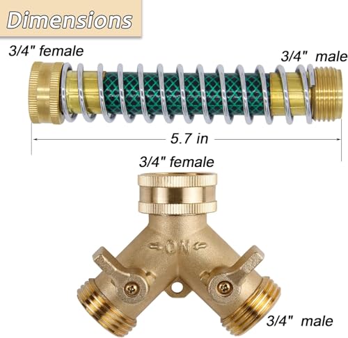 Image of Triumpeek 3 /4 inch Brass 2 Way Hose Splitter, Brass 2 Way Garden Hose Connector with 2 Pcs Garden Hose Coiled Spring Protectors and 6 Rubber Washers
