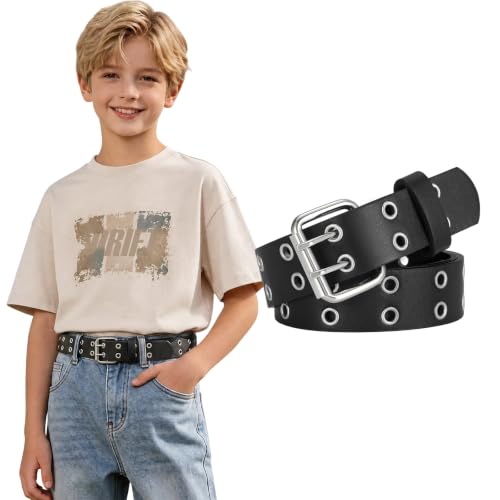 WHIPPY Kids Double Grommet Belt for Boys Girls Fashion Studded PU Leather Grommet Waist Belt for Jeans Pants