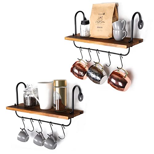 Olakee Bundle Floating Wall Shelves For Kitchen Bathroom Coffee Nook With 10 Adjustable Hooks For Mugs Cooking Utensils Or Towel Rustic Storage Shelves Set Of 2/17X5.9 Inch (Carbonized Black) #TOP15
