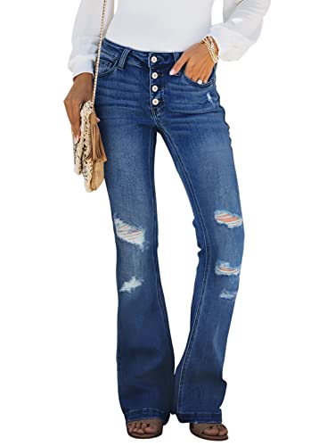 Sidefeel Women's Flare Jeans Ripped High Waisted Bell Bottom Bootcut Wide Leg Denim Pants Blue Size 12