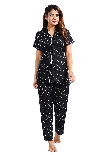 Image of Women's Cotton Heart Printed Night Suit Set of Shirt and Pyjama