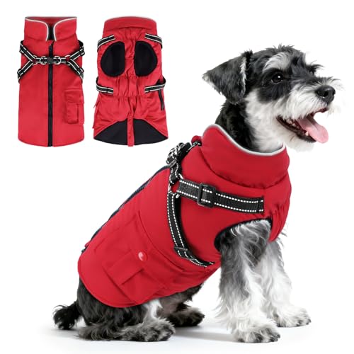 Dog Winter Coat with Harness Built-in | Waterproof Dog Jacket with Zipper & Fleece Lining | Reflective Cold Weather Coat for Small Medium Large Dogs