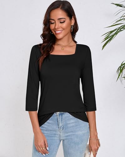 Ficerd 3 Pack 3/4 Sleeve Tops for Women Square Neck Shirts Loose Fit Casual Ladies Blouses Tops Fall Basic Tees3