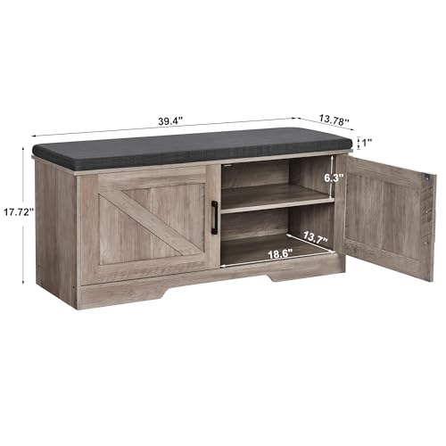 Image of HOMSHO Farmhouse Shoe Storage Bench with 2 Barn Doors & Padded Seat Cushion | 39.4 inch Wide Entryway Bench with Adjustable Shelves & Hidden Storage, Greige