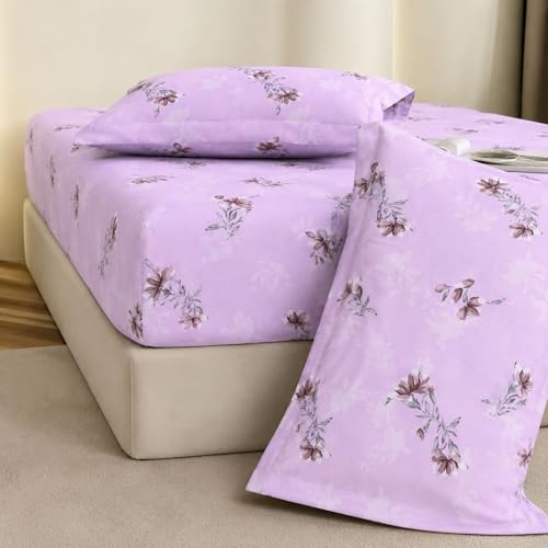 Image of King Size Elastic Fitted Bedsheet, 100% Pure Cotton King Size Fitted Bedsheet for Double Bed with 2 Pillow Covers, 240 TC, 72x78 Inches up to 8-inch Mattress, Floral (Velvet Bloom)