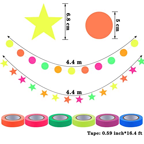 WILLBOND 127ft Glow Neon Party Supplies Set, 6 Colors UV Blacklight Reactive Tape, Neon Paper Garlands Circle Dots Stars Hanging Decorations for Birthday Wedding Glow Party Decorations