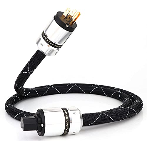 Monosaudio HiFi Audio AC Power Cable, Power Cord with 3-Prong US Version Gold Plated Plugs, 12AWG Audiophile Power Cord 125V 15A, Braided Sleeves Power Line (1M/3.3Ft)