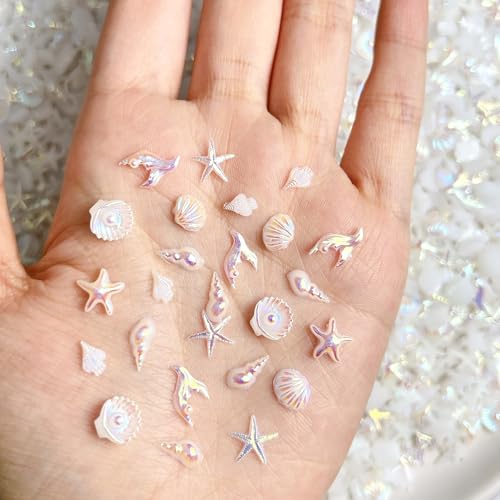50Pcs Iridescent Seashell Nail Charms Ocean Theme 3D Resin Shell Starfish Conch Nail Gems and Charms Aurora Mermaid Nail Art Rhinestones Flat Back Nail Supplies for Beach Summer Nail DIY Manicure