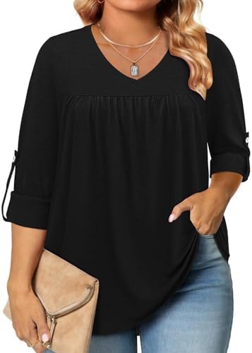 Siddhe Womens Plus Size Tops 3/4 Length Sleeve Tunic Tops V-Neck Dressy Casual Soft Blouses 1x-5x