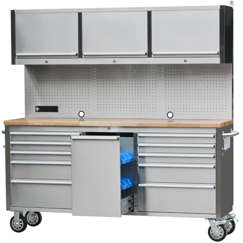 72 inch Rolling Tool Chest with 11 Drawers + 3 Upper Cabinets, Stainless Steel Lockable Tool Cabinet with 6 Blue Storage Bins & Power Strip, Assembled Tool Box for Garage (1 × HTC7214W1)