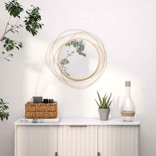 HOMCOM Wandspiegel, Ø65 cm Wandschmuck mit Spiegel, Metallrahmen, Flurspiegel, Wandkunstwerk für Wohnzimmer, Schlafzimmer, Gold