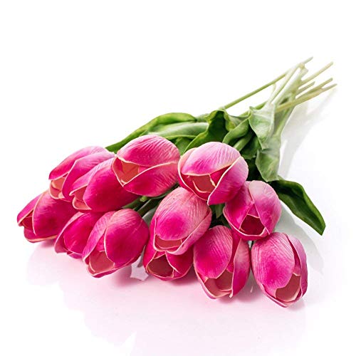 Shallylu 12Pcs Artificial Tulip Real Touch Tulip Flowers Fake Silk Flowers for Vases Wedding Home Room Party Decoration (Pink)