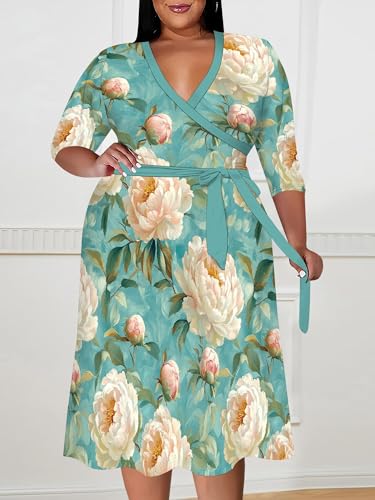Image of PinkPatty Women's Plus Size Maxi Dress Print 3 /4 Sleeves V Neck Party Sundress Wedding Guest Dresses
