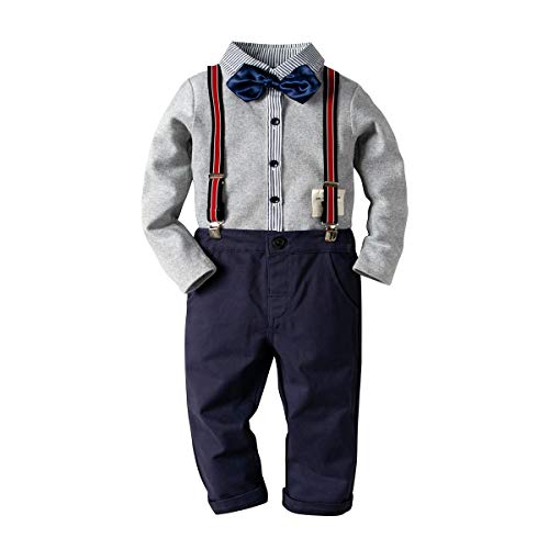 LJYH Baby Boy's Gray Gentleman Set Striped Jumpsuit Long Sleeve Shirt Bib Pant Bowtie Romper 2 PCs Outfits
