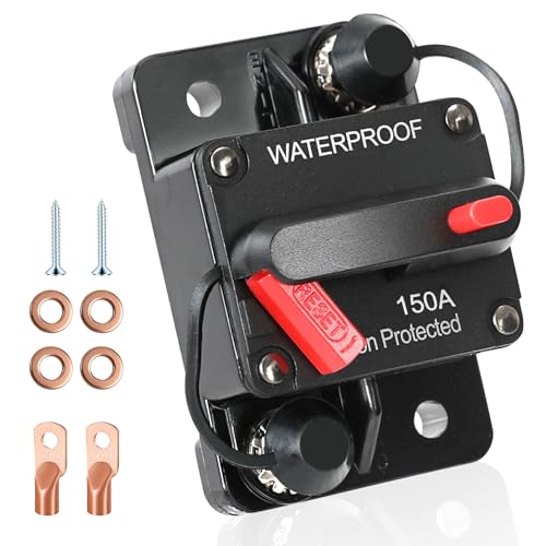 150 Amp Marine Circuit Breaker DC 12V-48V Automotive Circuit Breakers for Boat Trolling Motor RV Trailer Car Solar System Battery Disconnect with Manual Reset Switch IP67 Waterproof