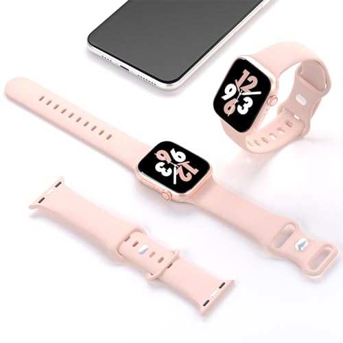 Image of Sport Band Compatible with Apple Watch 38mm 40mm 41mm 42mm 44mm 45mm 46mm 49mm, Replacement Soft Silicone Strap Wristbands for iWatch Series 11 /10 /9 /8 /7 /6 /5 /4 /3 /2 /1 Ultra SE Women Men, Pink Sand
