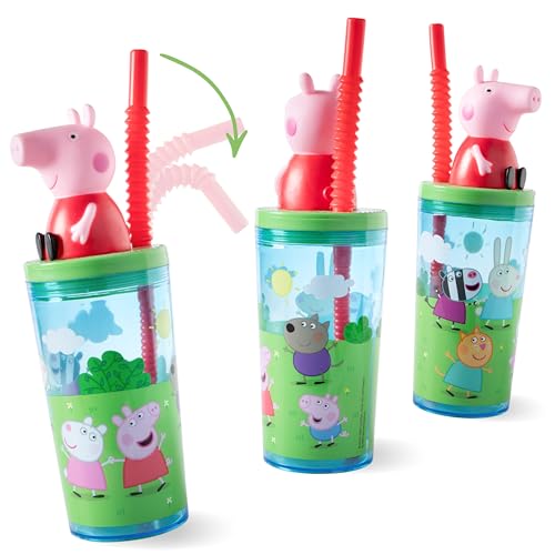 Peppa Wutz Trinkbecher Kinder mit Deckel und Strohhalm 360 ml - 3D Figur, BPA-frei, kohlensäuregeeignet, grün - Strohhalmbecher für kalte Getränke - Kinderbecher für Schule, Kindergarten & unterwegs