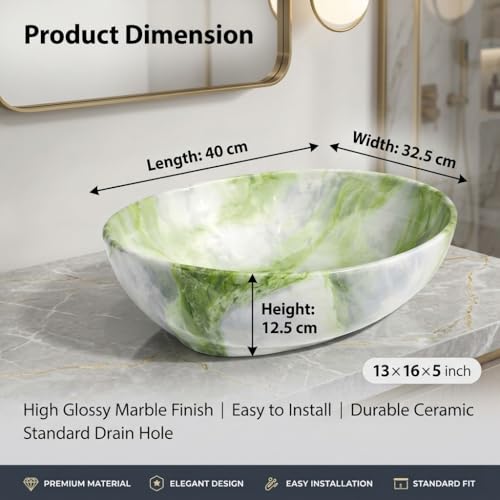 Image of Ceramic Tabletop Wash Basin - Glossy Bowl Shape Countertop Vessel Sink with Marble Finish for Bathroom & Vanity | Compact 16 x 13 x 5 Inch | Elegant Washbasin