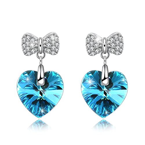 Pendientes plata de ley S925 niña pajarita corazón y cristal azul joyería infantil 1,5cm
