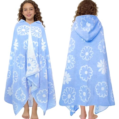 VOOVA & MOVAS Hooded Bath Towels for Teens/Big Kids (8-14 Years) | Soft Absorbent 100% Cotton Thick Towel Wrap | Versatile Beach, Pool, Swim & Bath Cover-Up | Jacquard Blue Daisy